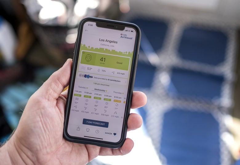 IQAir app showing LA air quality in coronavirus
