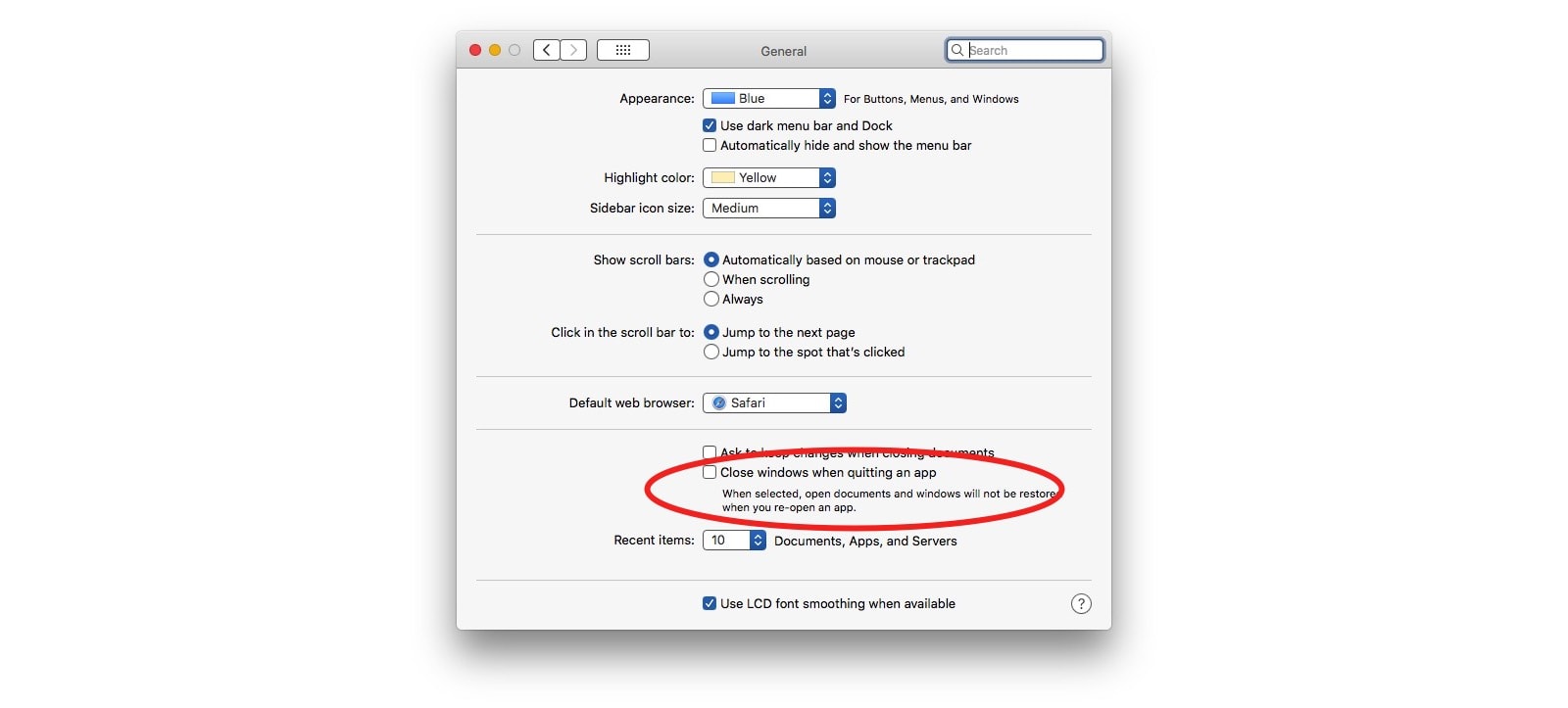 Mac full-screen apps: Change the Mac's window closing behavior here. 