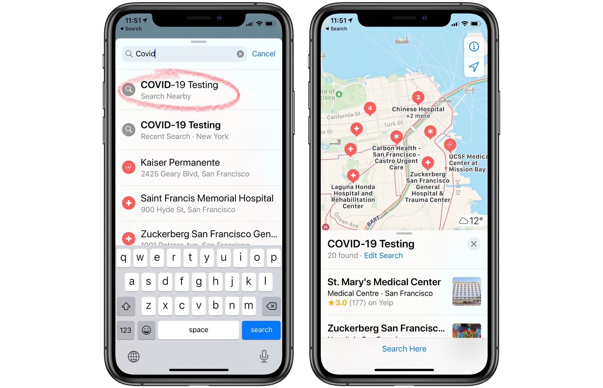 Search Apple Maps to show all COVID-19 testing stations near you.