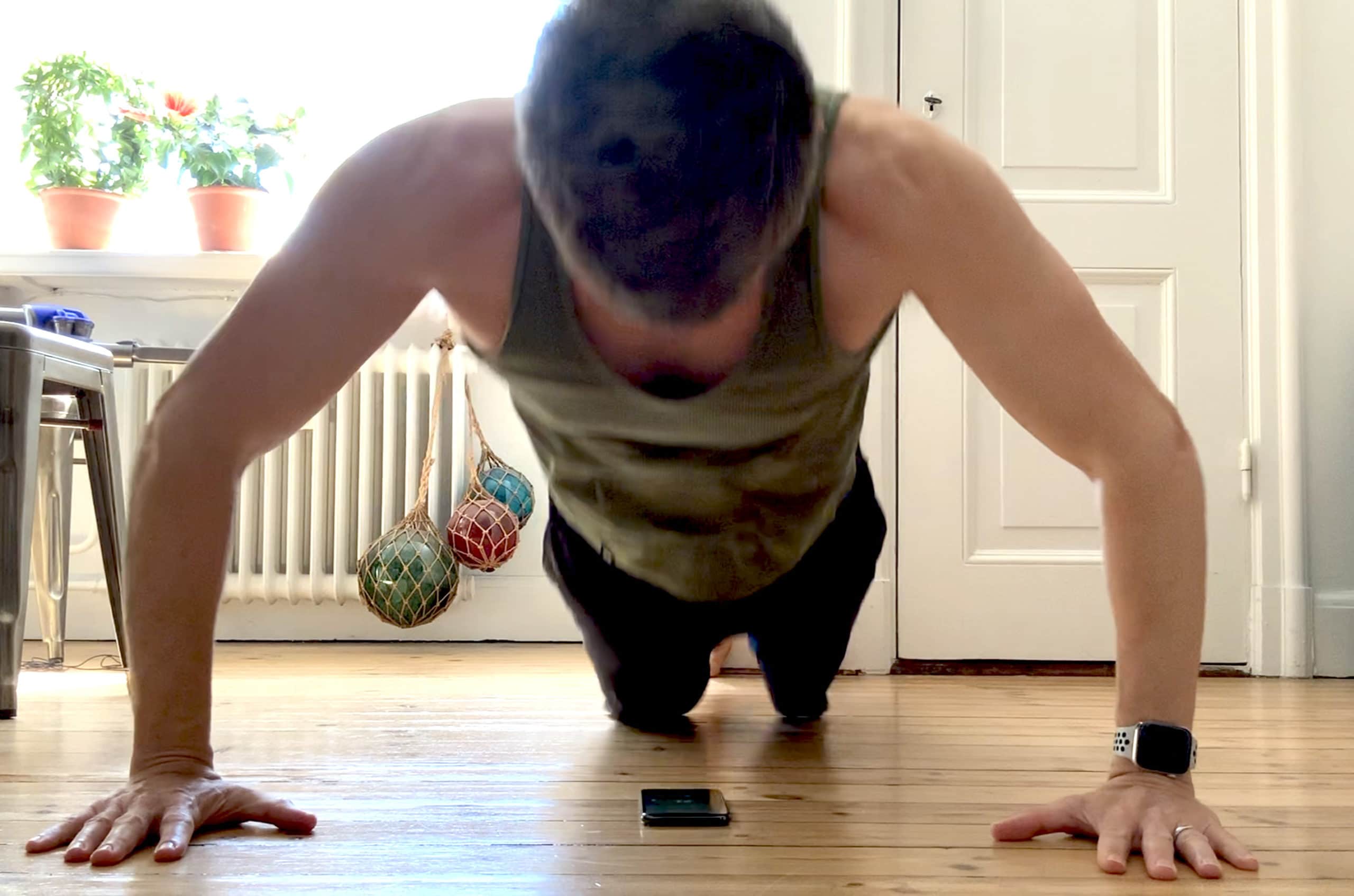 Place your iPhone under your chest and the clever app 22 Pushups counts your reps automatically.
