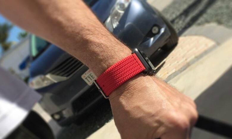 Carterjett's silicone Tire Tread Sport Band for Apple Watch in red.