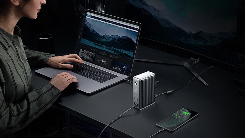 The Anker PowerExpand Elite connects to Macs over Thunderbolt 3.