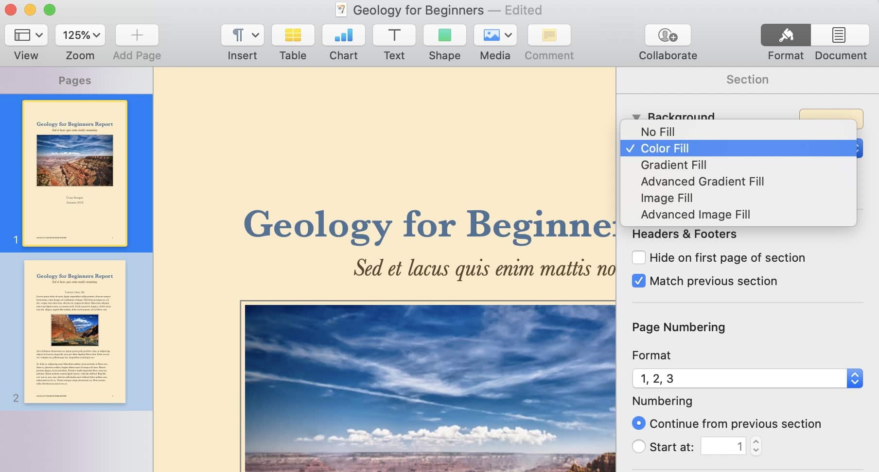 Set color, gradients or images as document backgrounds in Pages ...