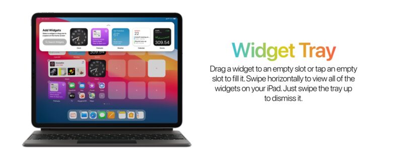 An iPadOS Widget Tray expands widgets beyond the Home screen.