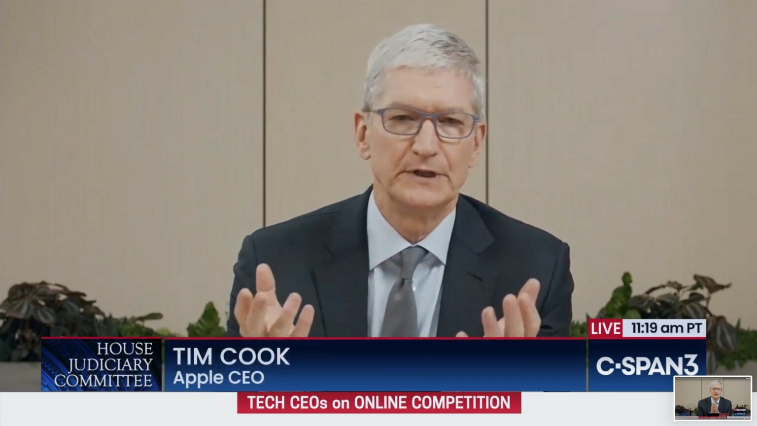 Tim Cook answers questions about App Store business practices during the House Judiciary antitrust subcommittee hearing.