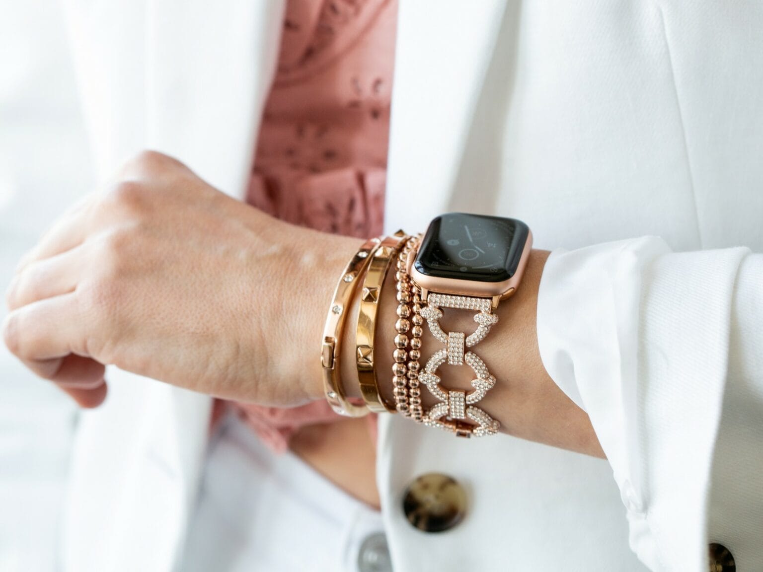 Giveaway: Goldenerre crystal pavé Apple Watch link band: This is your chance to win a gorgeous Apple Watch band and a coordinating stacking band.