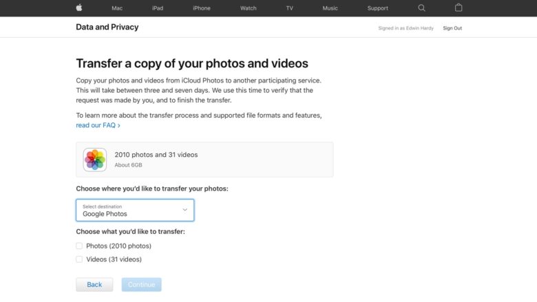 Settings when copying iCloud Photos to Google Photos