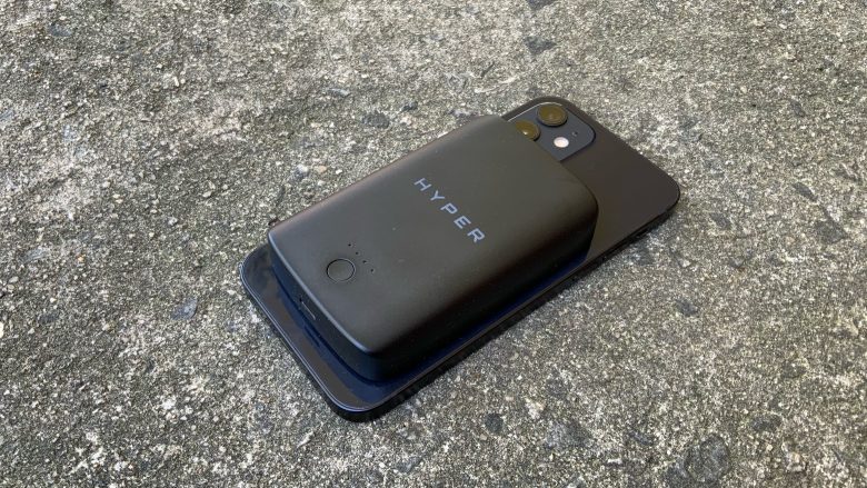 The HyperJuice Magnetic Wireless Battery Pack matches the look of an iPhone 12.