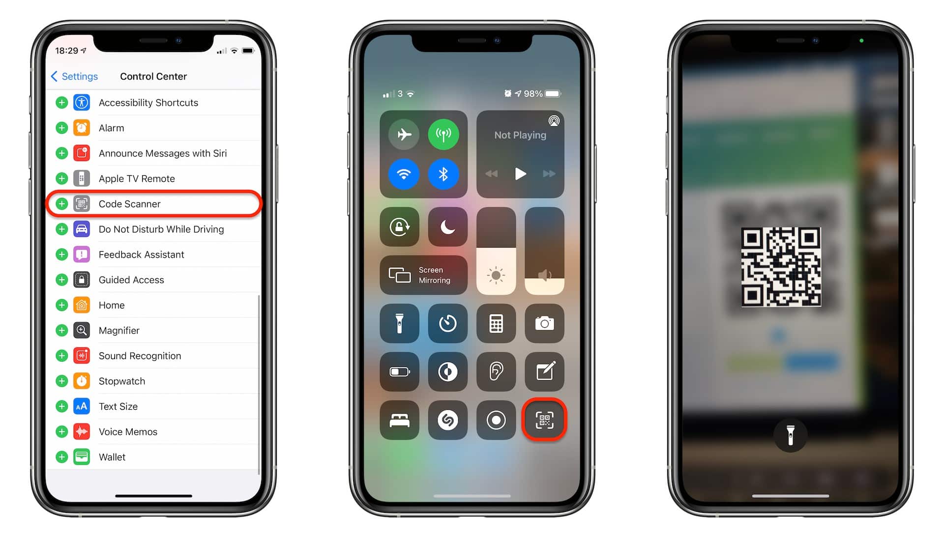 turn on the qr code scanner in the settings and use it to scan qr code from the iPhone's control center