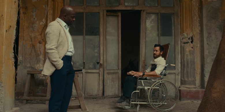 The Mosquito Coast review: Things get tense between Allie Fox (played by Justin Theroux, right) and Calaca (Paterson Joseph and Justin Theroux in “The Mosquito Coast,” now streaming on Apple TV+.