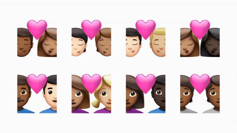The couple kissing and couple with heart emojis now come in new skin tones.