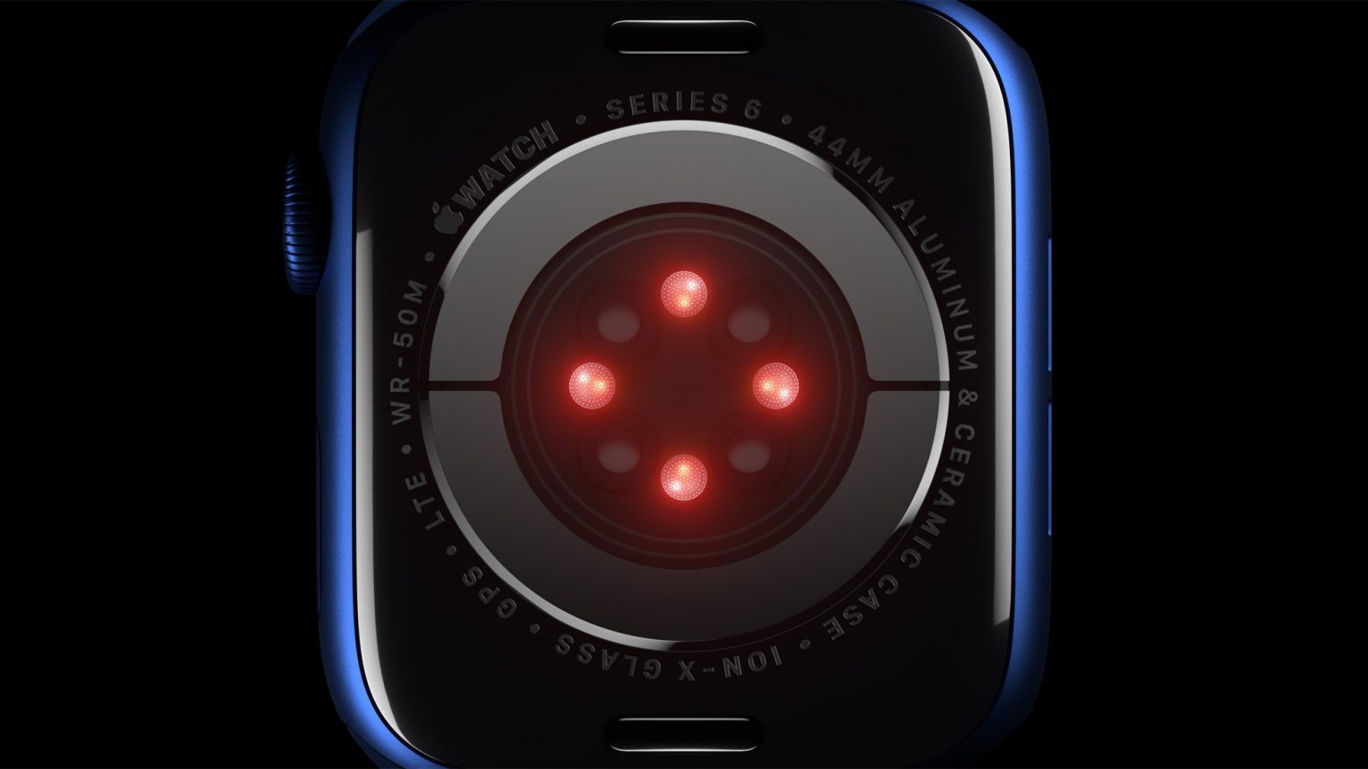 The Blood Oxygen sensor employs LEDs, along with photodiodes on the back crystal of Apple Watch Series 6.