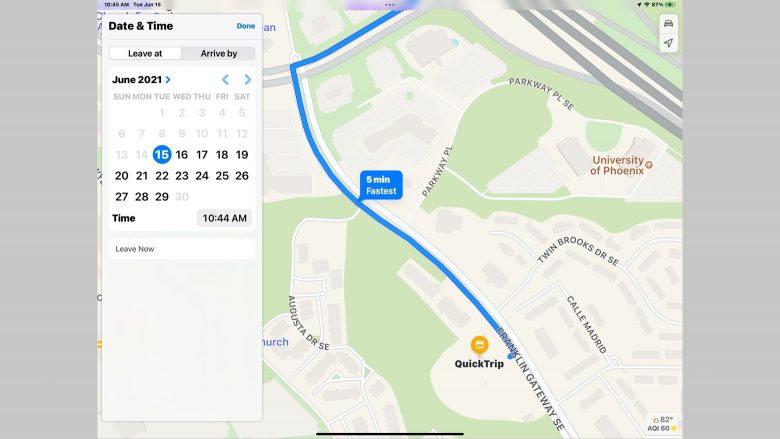 Scheduling departure and arrival times in Apple Maps in iOS 15 and iPadOS 15: You can set the time you wish to leave or the time you need to arrive in Apple Maps in iOS 15 or iPadOS 15