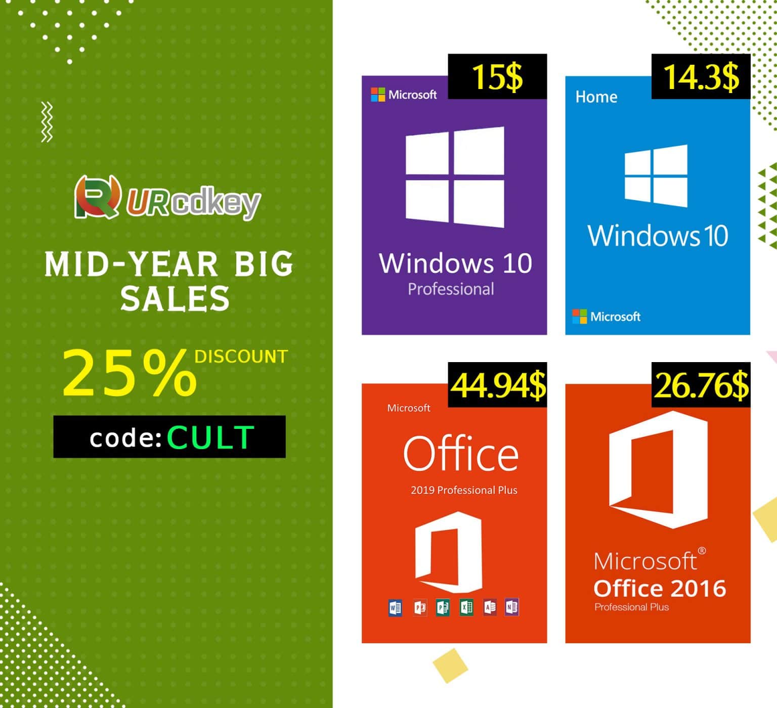 During the June sale at URcdkey.com, you can get 25% to 35% off Microsoft software activation keys.