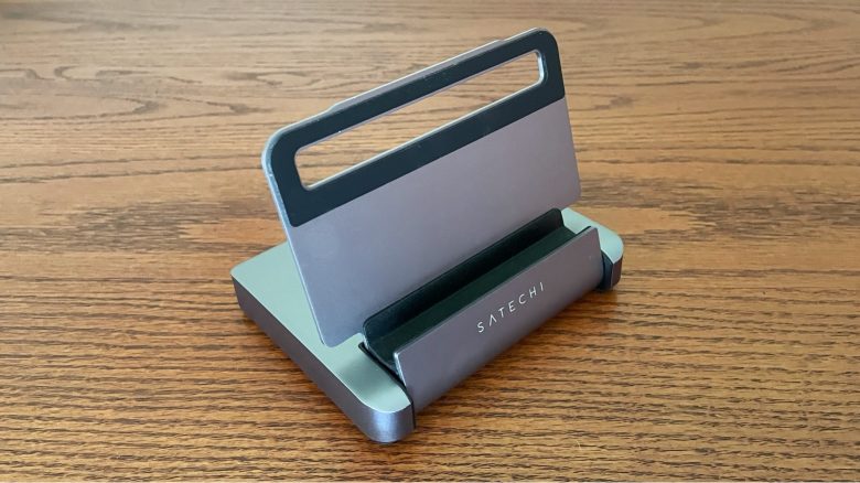 Satechi Aluminum Stand & Hub for iPad Pro unfolds to be a stand.