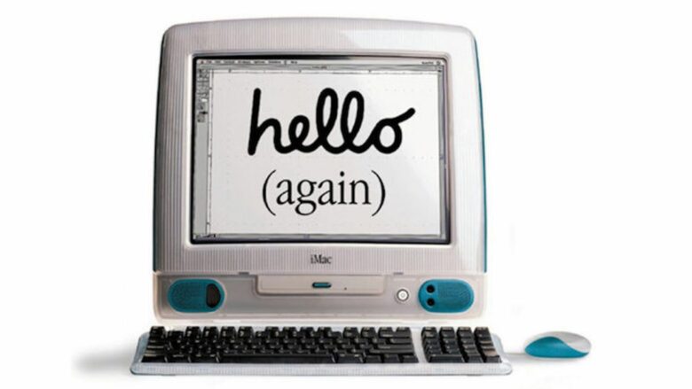 An iMac G3 with the slogan, "hello (again."