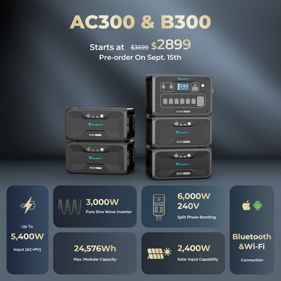 For bigtime power needs, pair the Bluetti AC300 station with the B300 battery module.