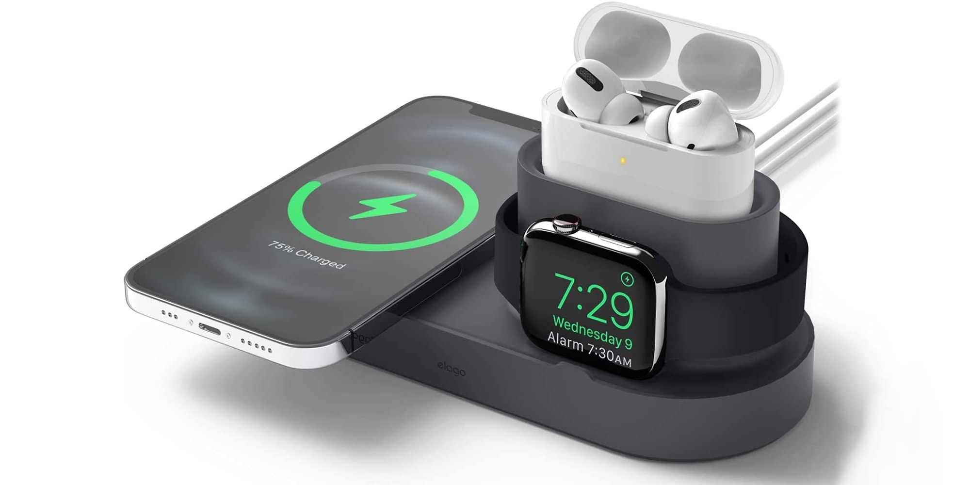 Elago's MS1 Trio Charging Hub juices up an iPHone, Apple Watch and Airpods.