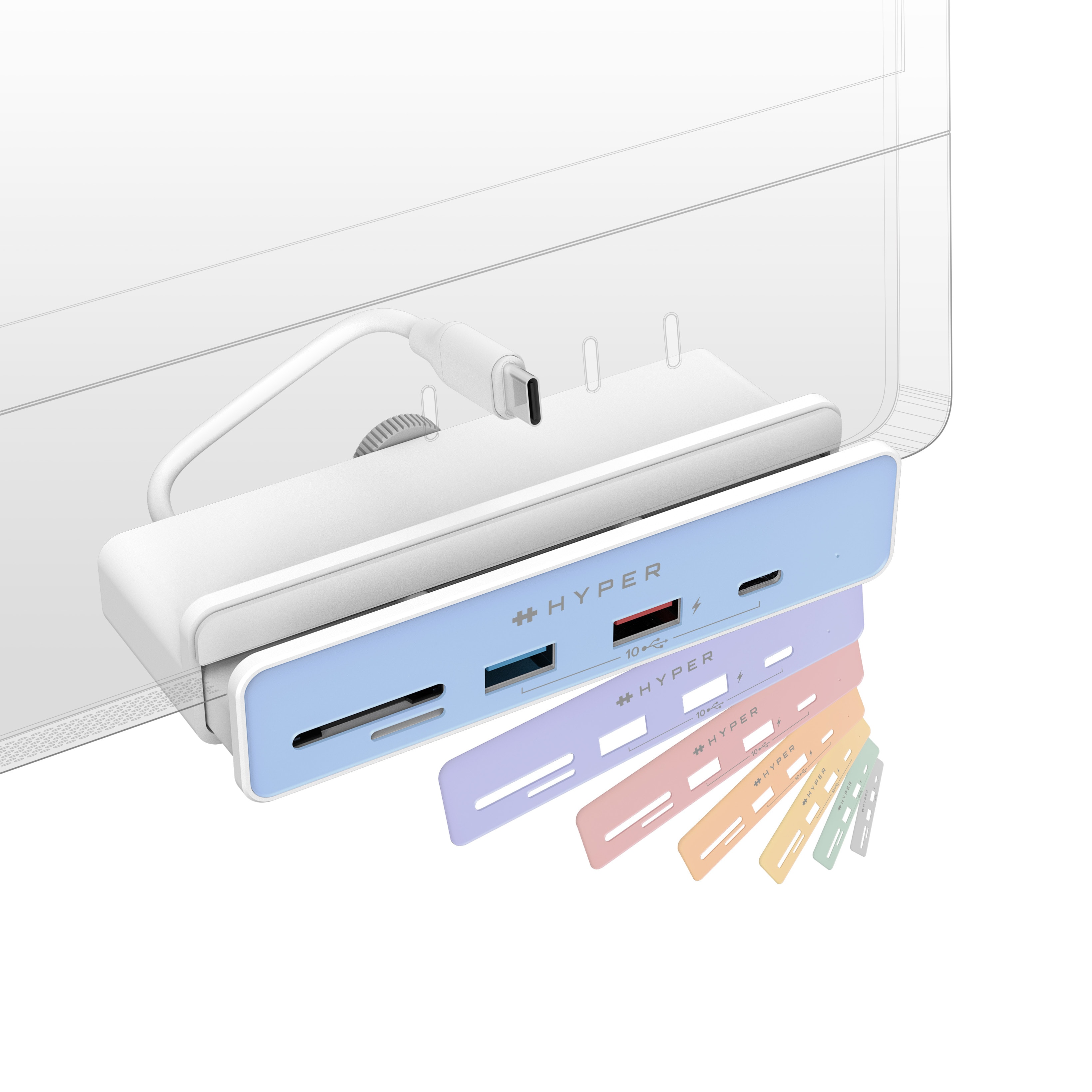 Seven colored faceplates let you match the hub to your iMac.