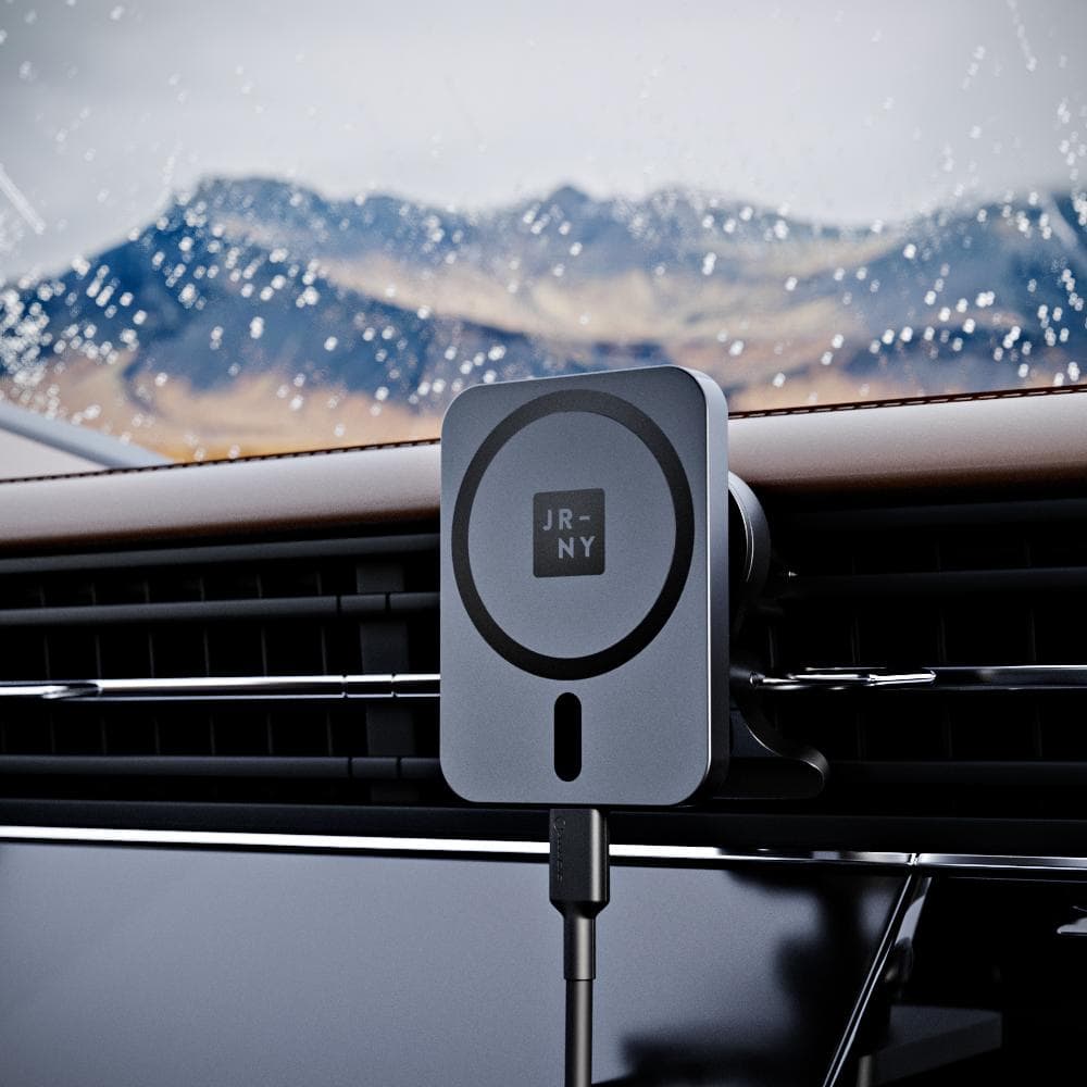 Journey's Magnetic Wireless Car Charger easily snaps into a vent on your car's dashboard.