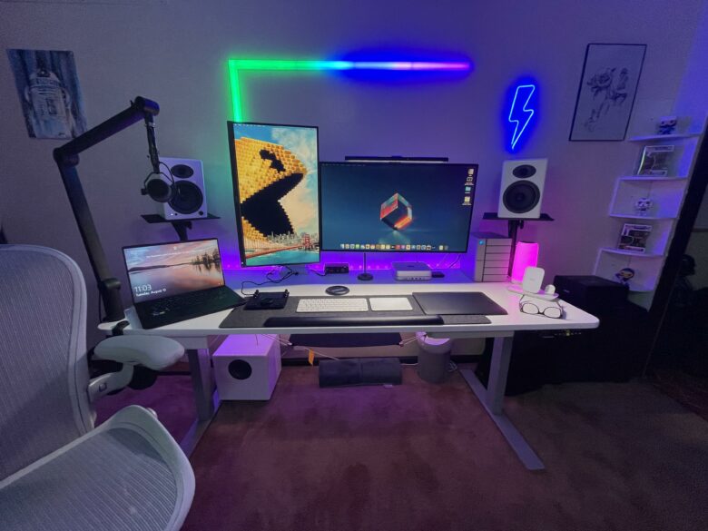 This dual-display setup is wired for serious sound and massive storage.