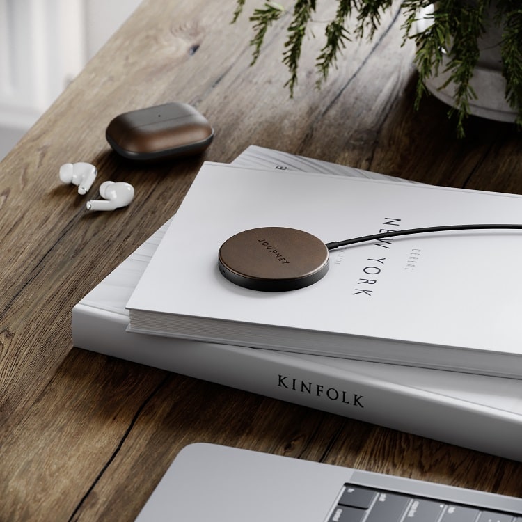 Journey's Magnetic Wireless Charger features a premium leather covering.