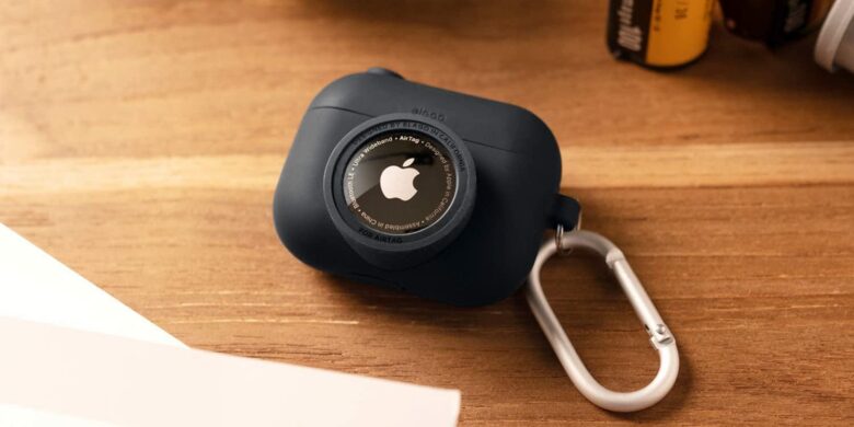 The Elago Snapshot Cover for AirPods Pro looks like a tiny camera with an AirTag for a lens.
