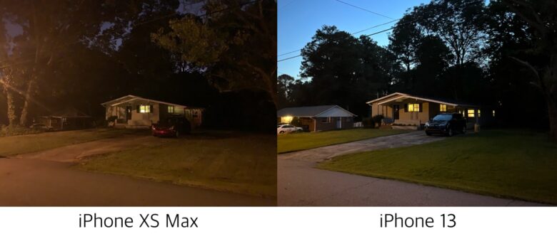iPhone XS Max low light image vs. iPhone 13 low light image
