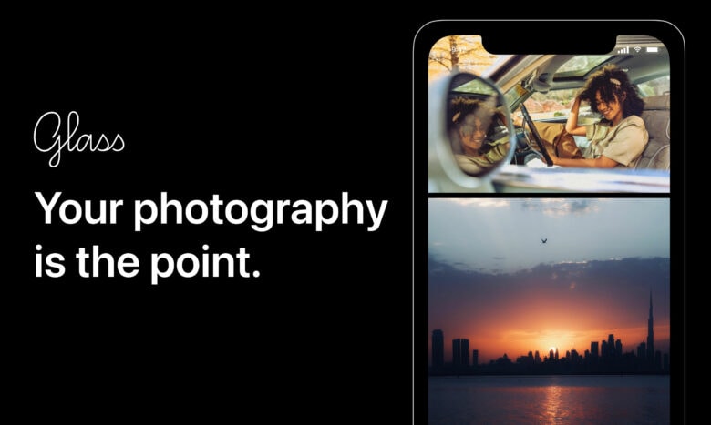 Glass app screenshot next to logo and “Your Photography is the point.” text