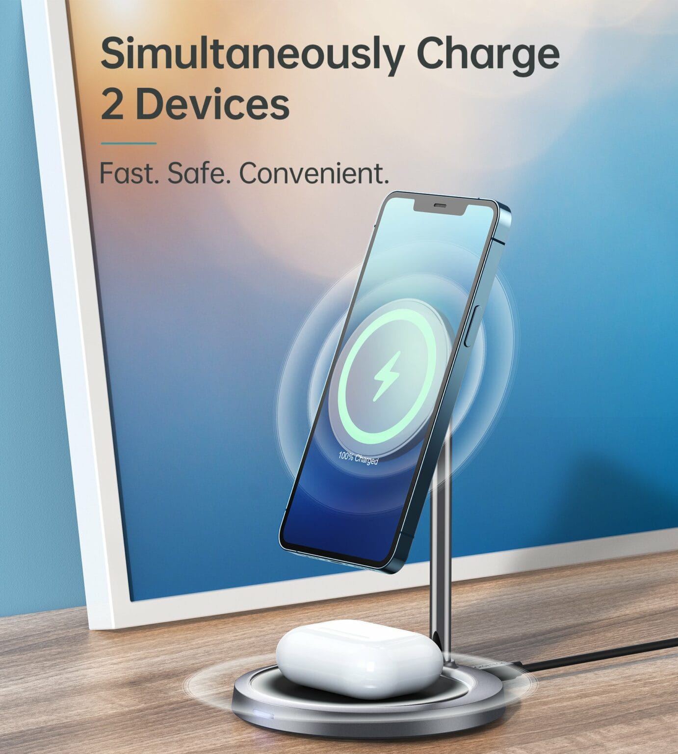 Giveaway: This MagSafe wireless charging stand, charges an iPhone 12 and AirPods at the same time.