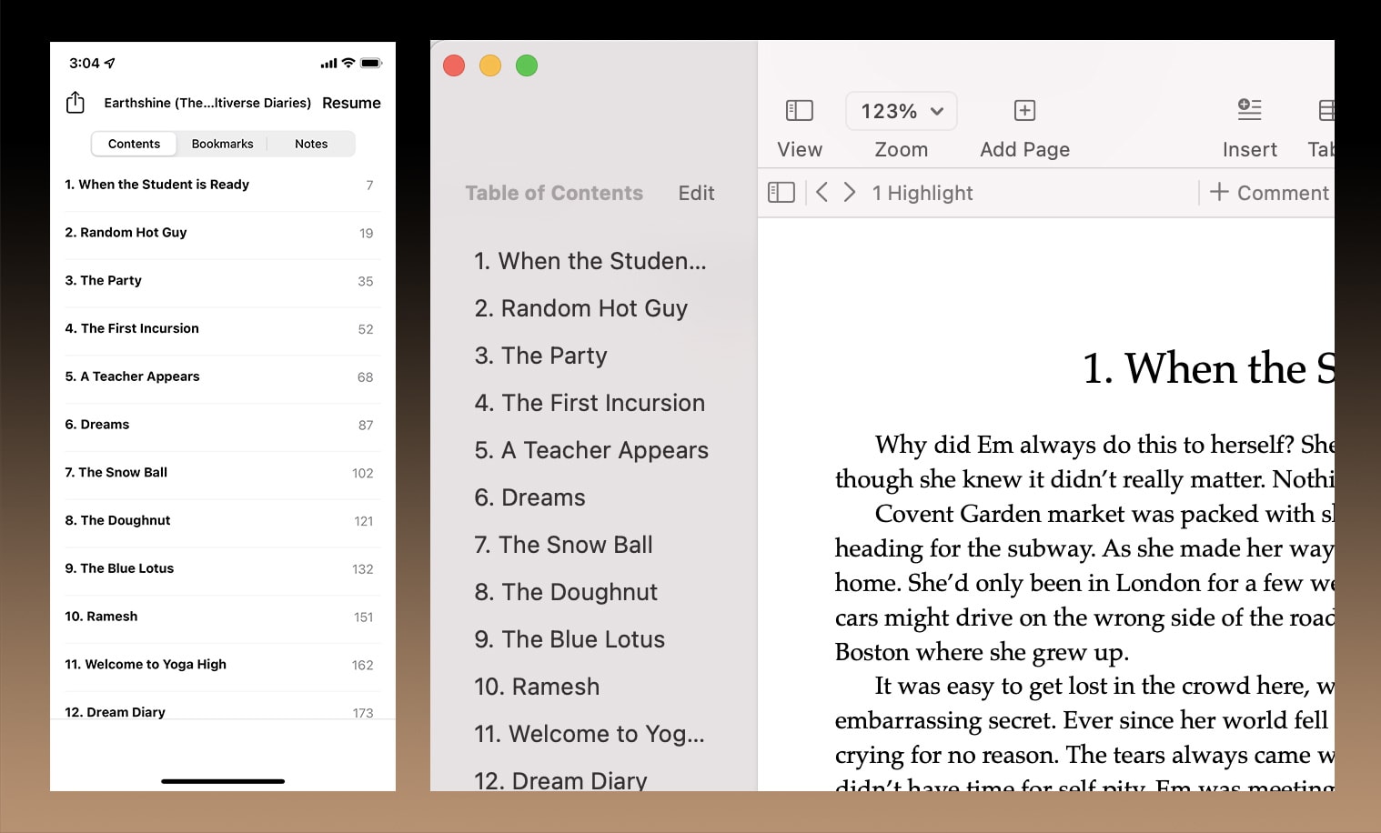 How the Table of Contents appears in Apple Books on iPhone and Pages on Mac.
