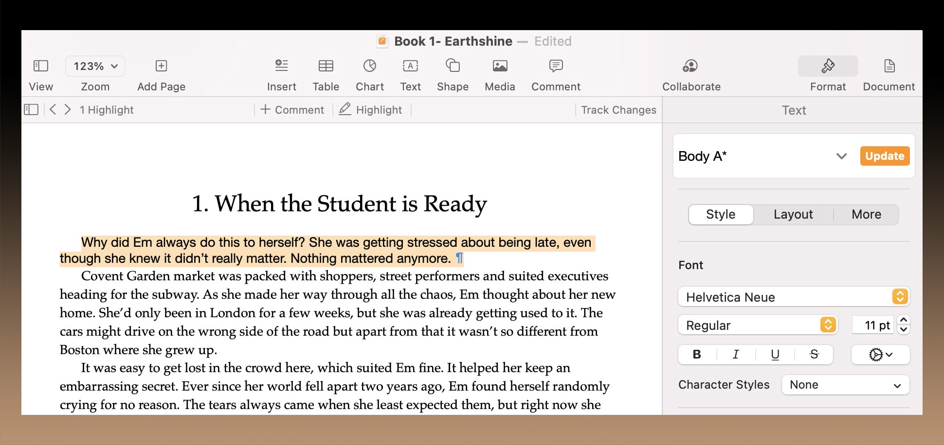 How to format an ebook using Apple Pages: Click the Update button in the Paragraph Styles menu to apply changes throughout your document.