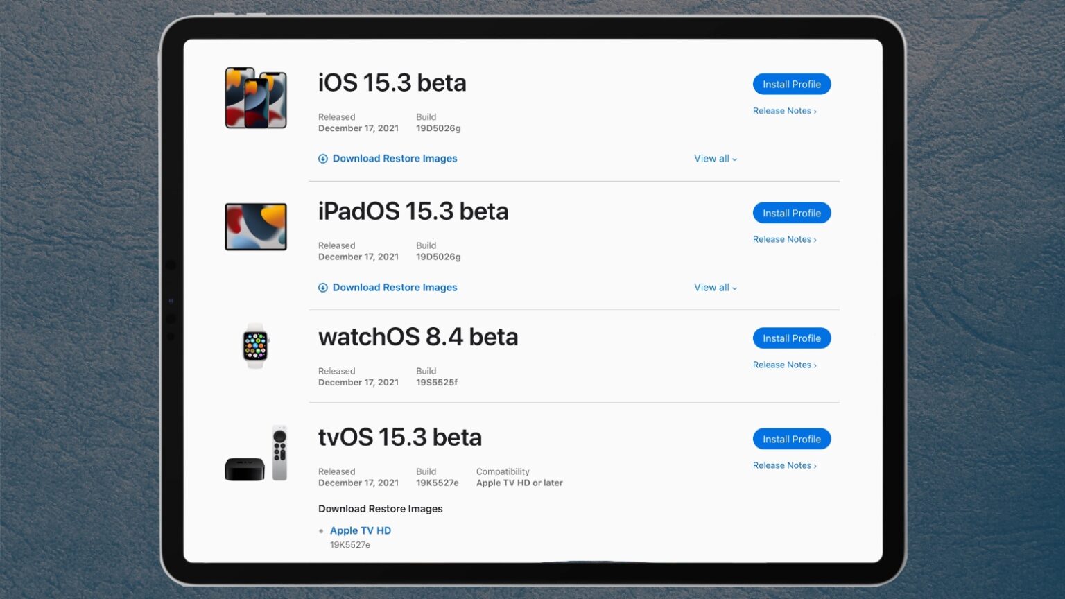 iOS 15.3 beta 1, iPadOS 15.3, watchOS 8.4 beta 1, tvOS 15.3 beta 1