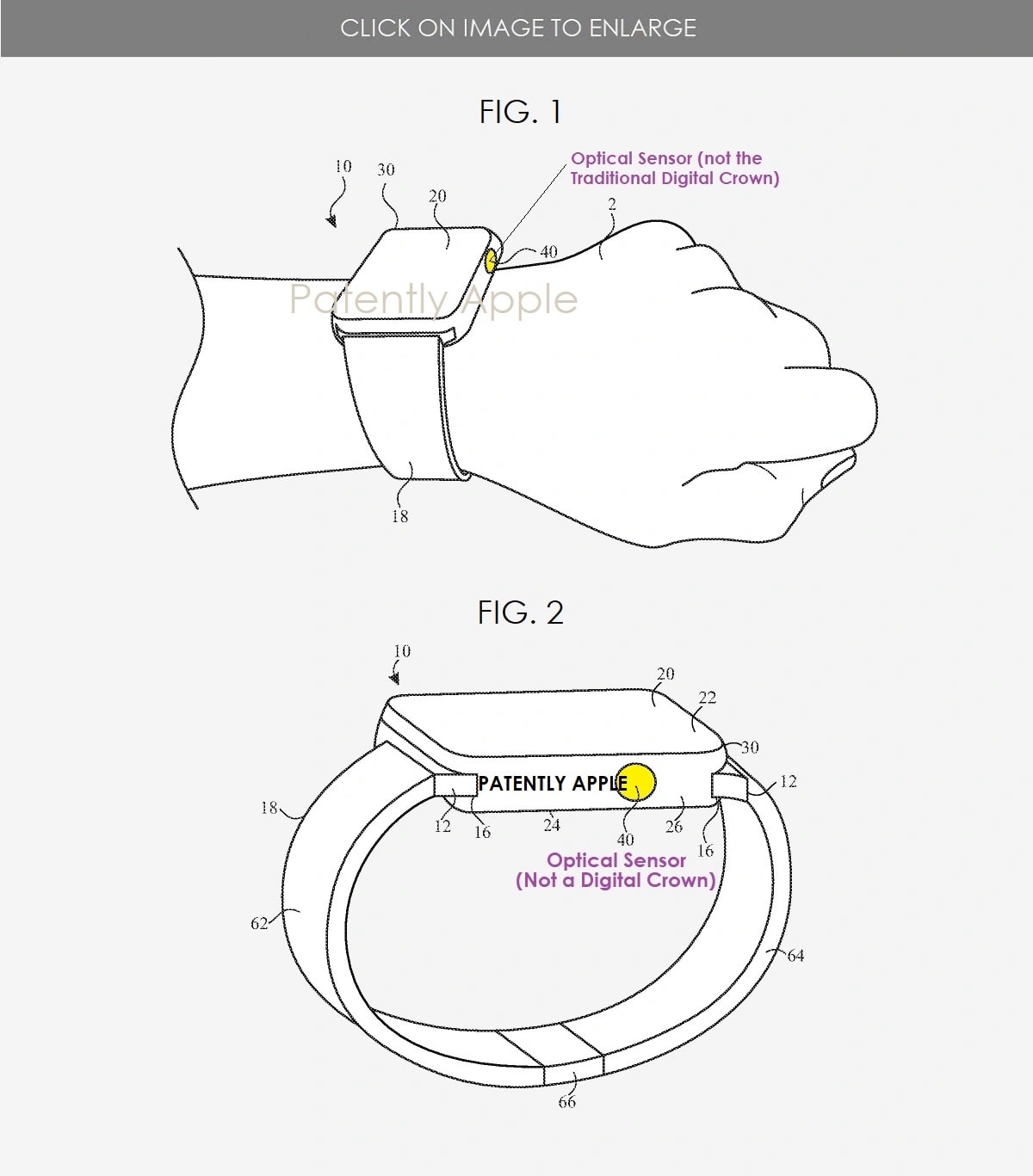 Look, ma, no Digital Crown. An image from the patent shows optical sensors replacing it.