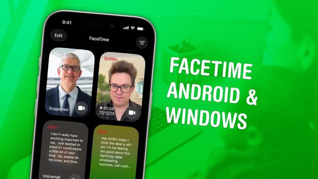FaceTime Android and Windows graphic, showing the FaceTime app on iPhone and two people on a FaceTime call with their laptop