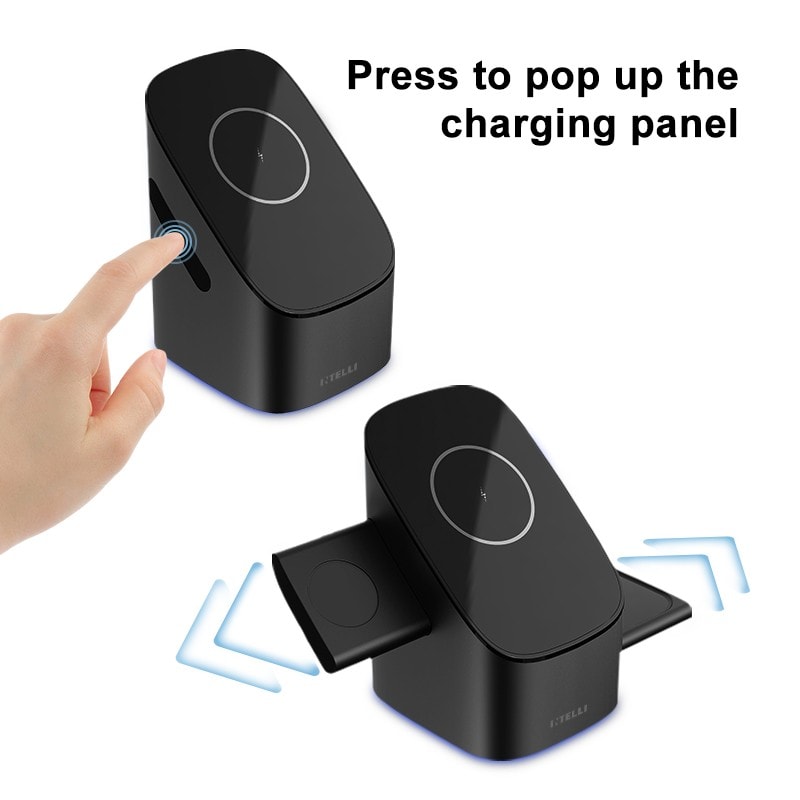 Charging panels for Apple Watch and AirPods charging case pop in and out as needed. 