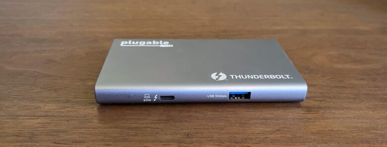 A USB-A port and the Thunderbolt upstream port are on the front of the Plugable USB4-HUB3A.