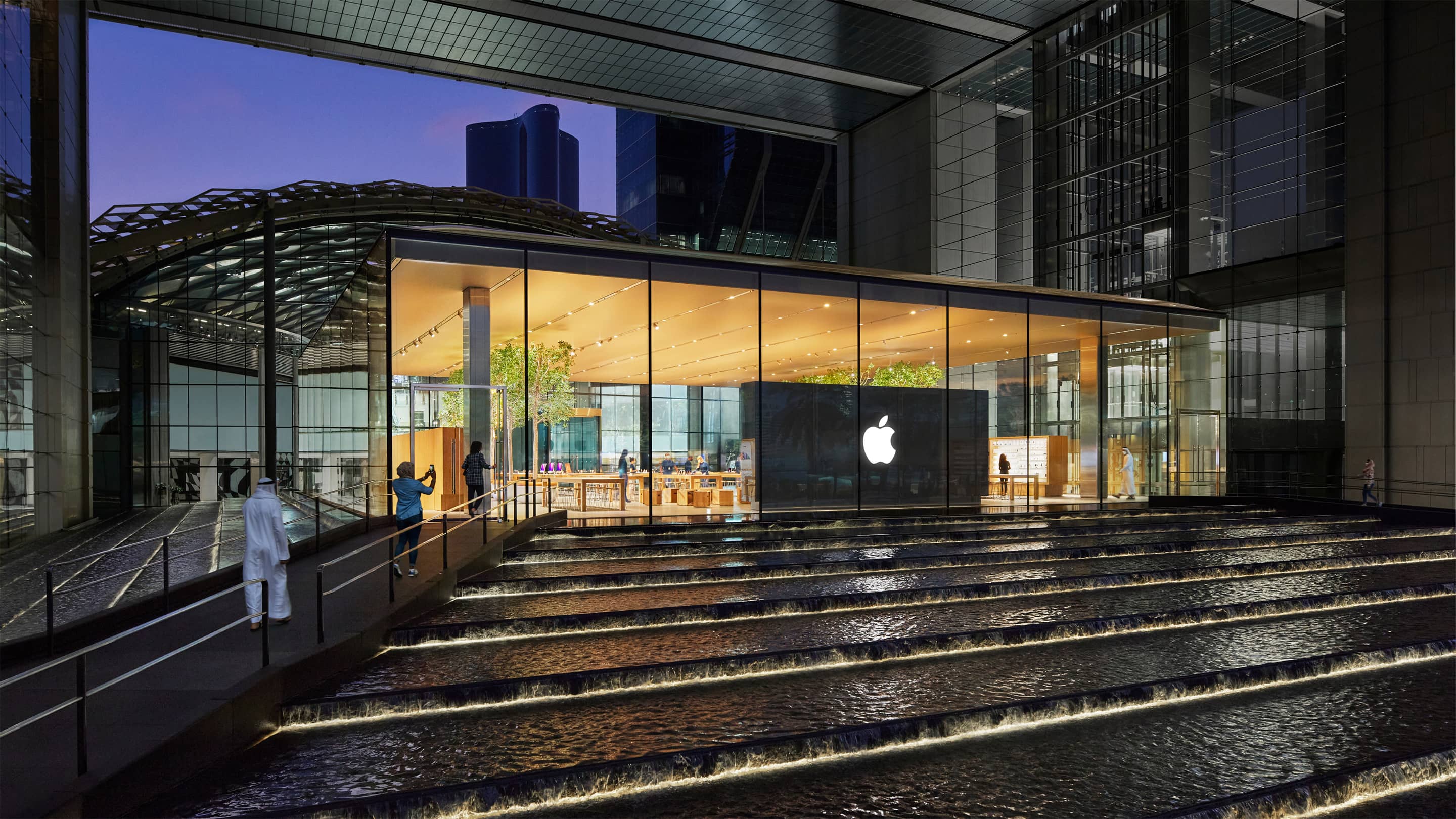 Apple Al Maryah Island preview exterior Steps of cascading water greet visitors.