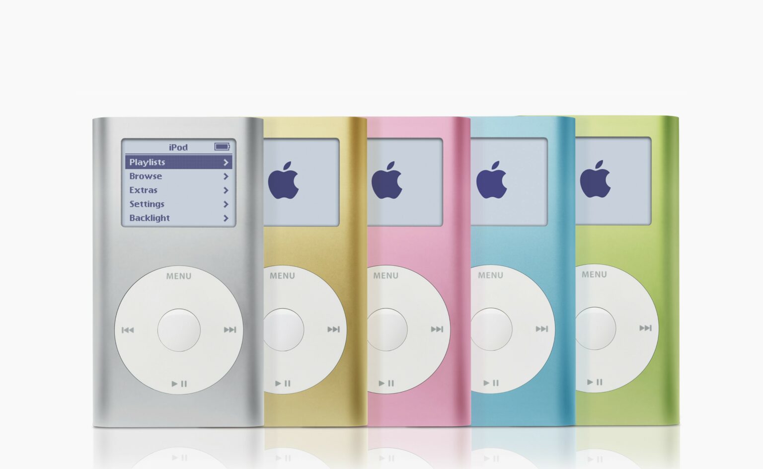 iPod mini launch lineup in 2004: Five small music players in five different colors (silver, gold, pink, blue, and green).