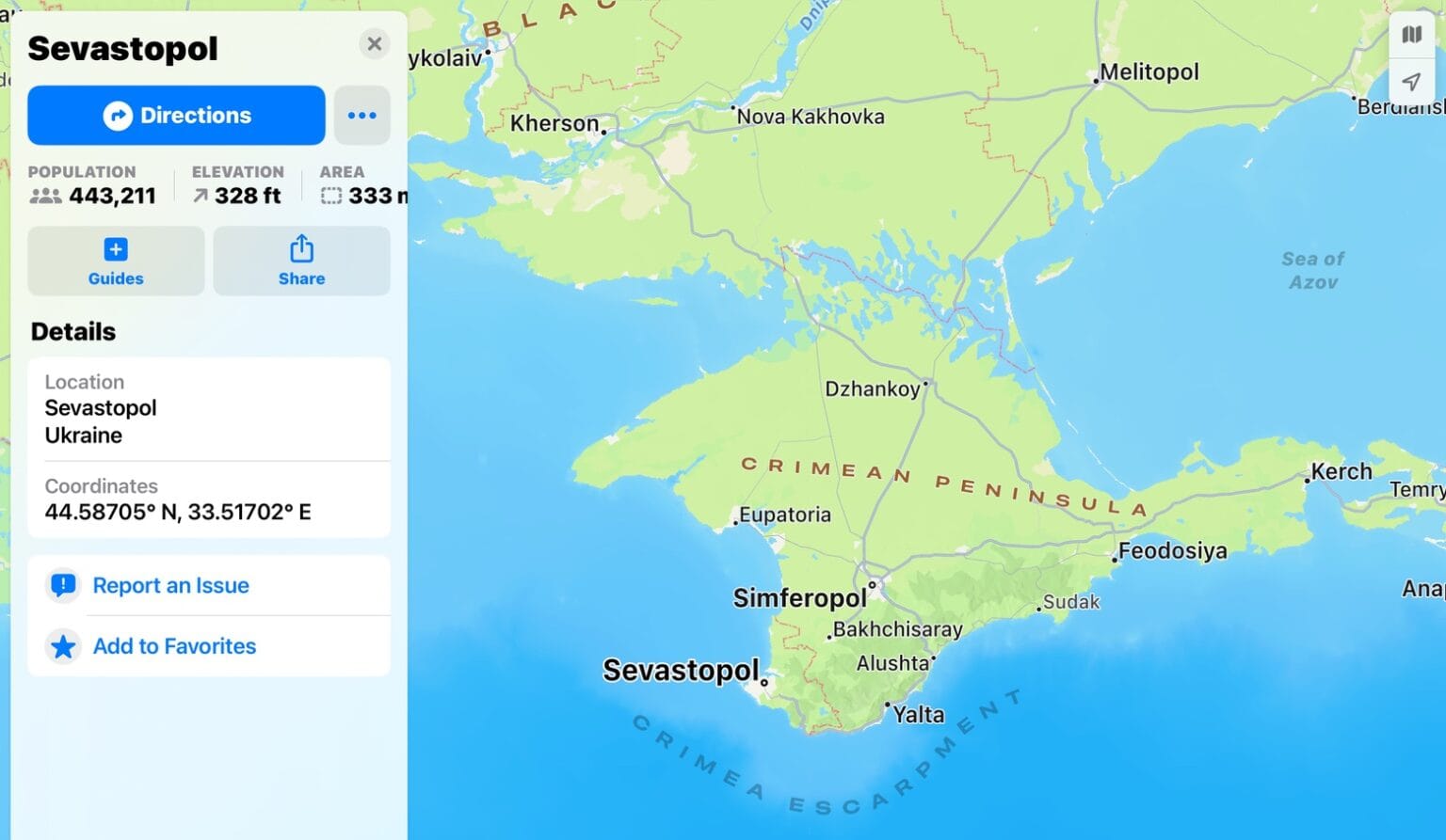 Crimea is again part of Ukraine on Apple Maps
