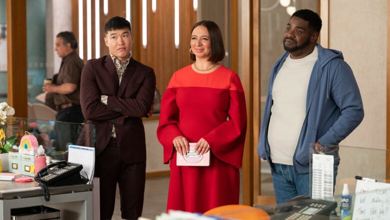 Joel Kim Booster, Maya Rudolph and Ron Funches in “Loot,” premiering globally June 24, 2022 on Apple TV+.