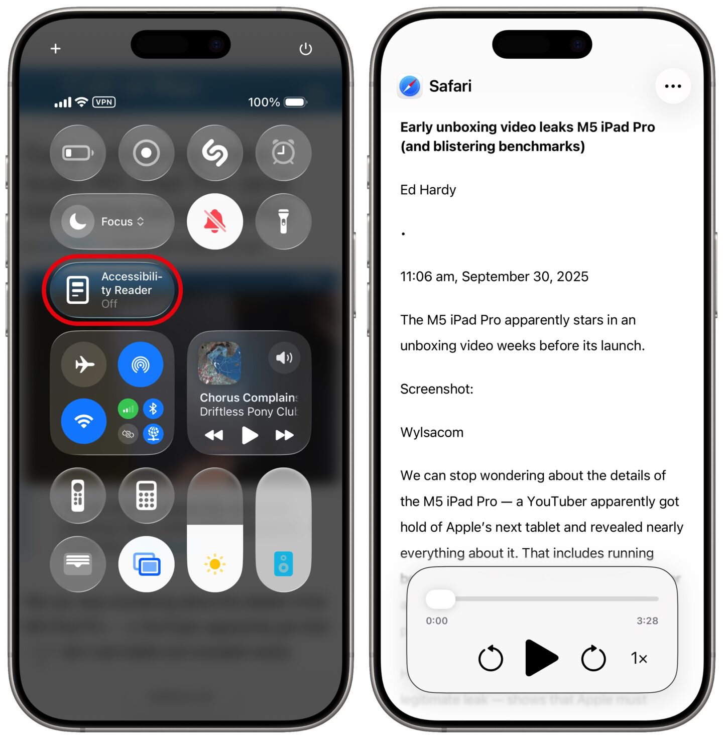 Screenshots show how to enable Accessibility Reader from the iPhone Control Center to read text out loud on the device