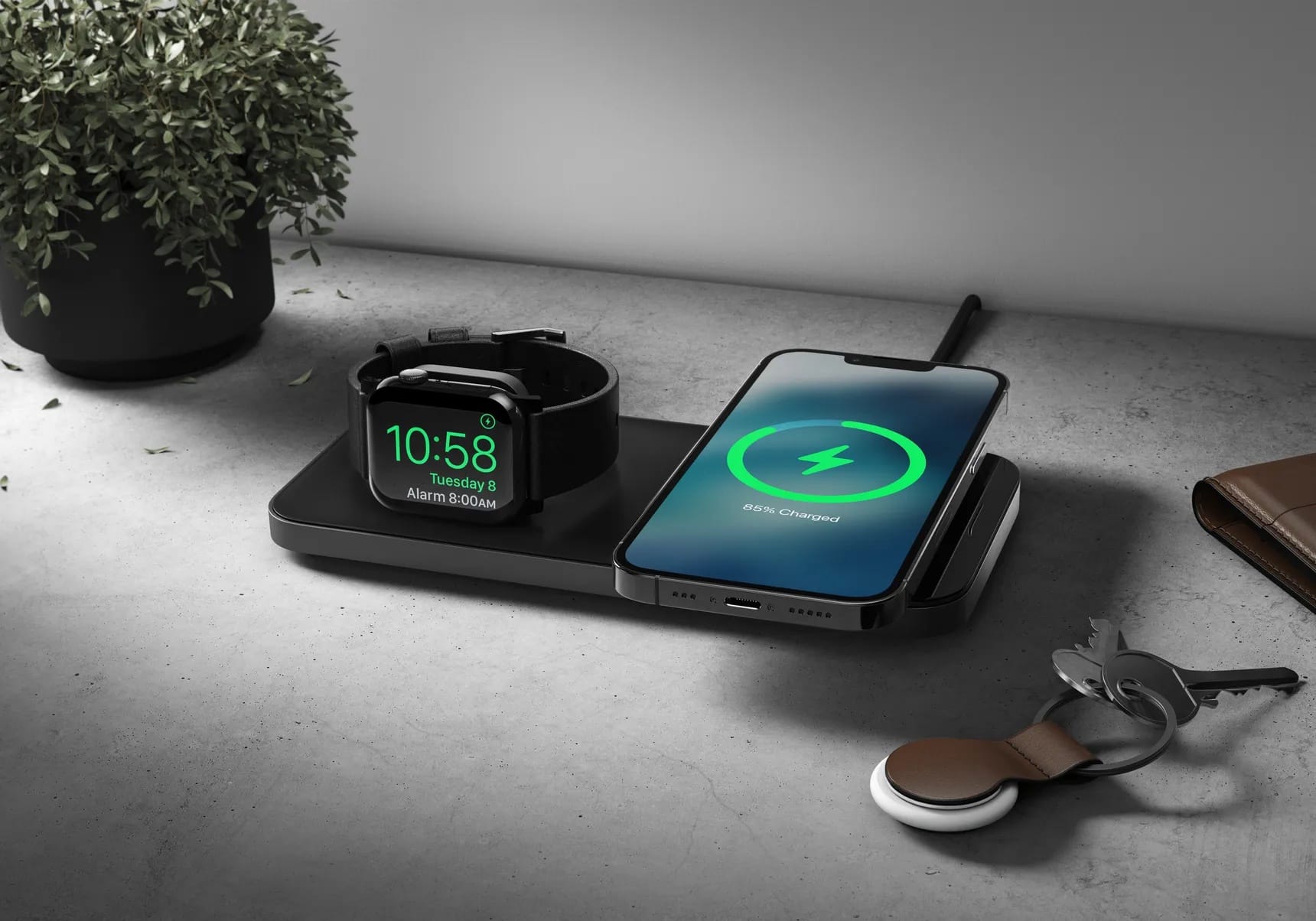 The Apple Watch charger's upright position makes viewing the face easy in nightstand mode.
