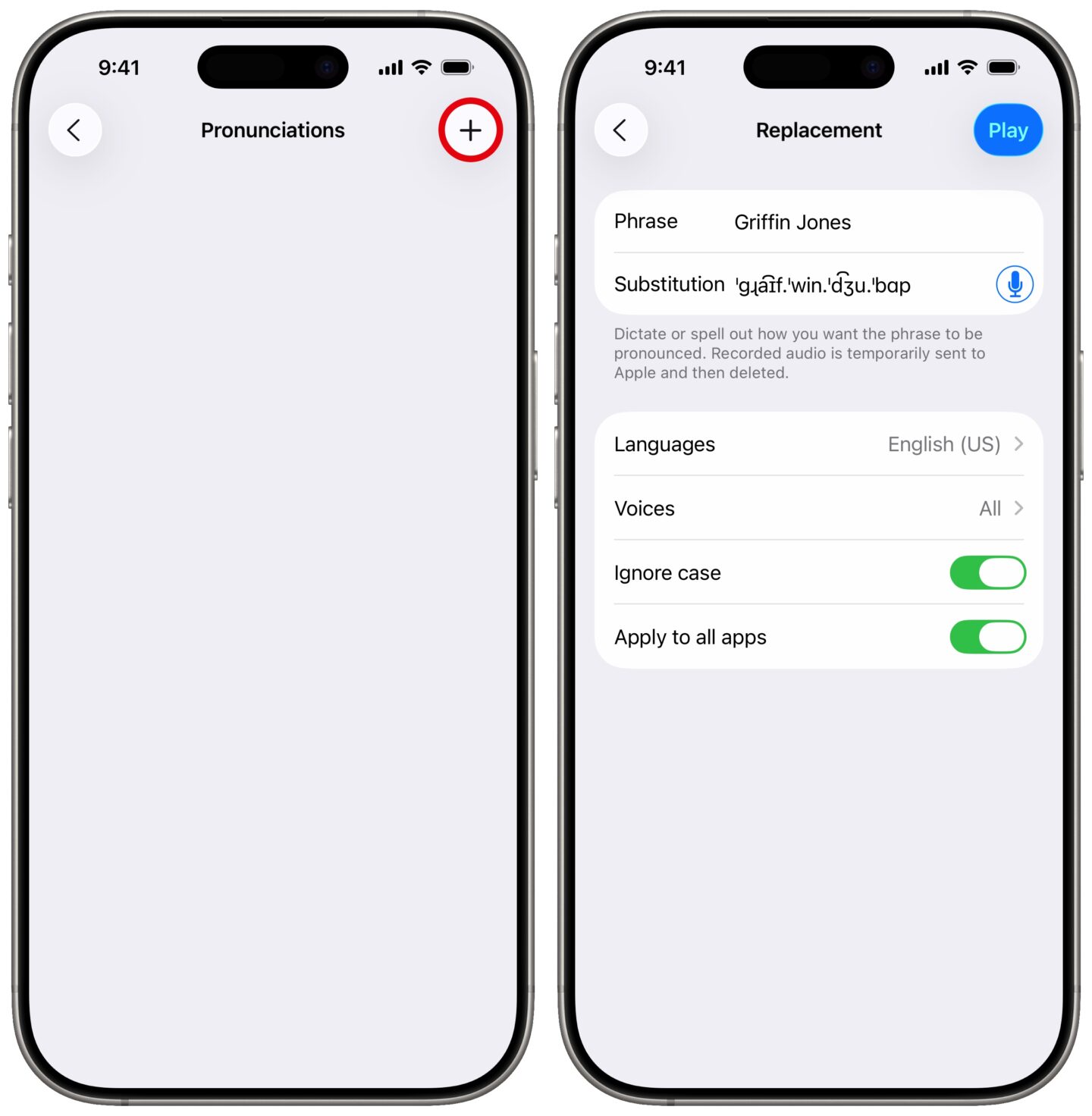 iPhone screenshots show how to add a custom pronunciation