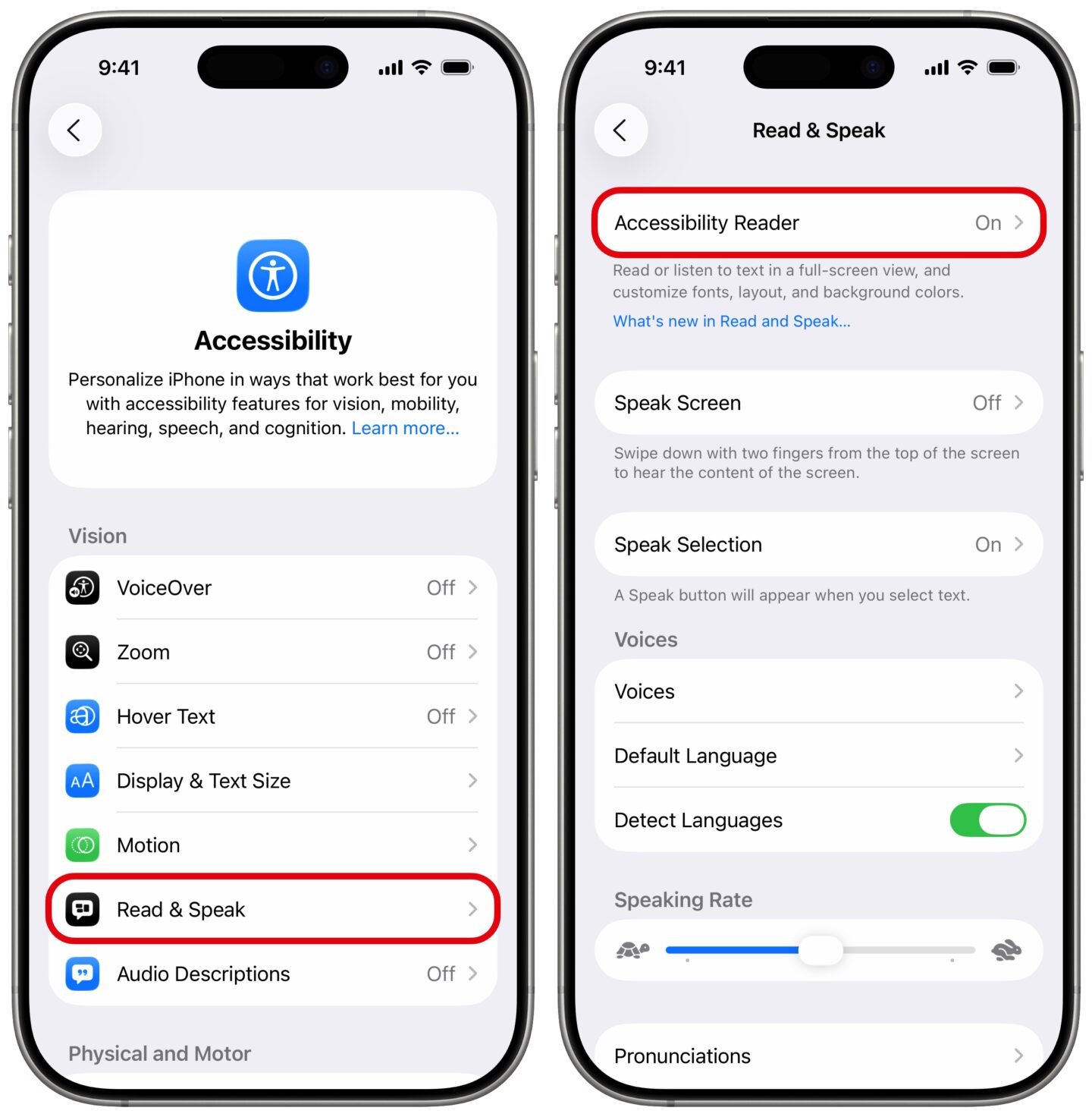 iPhone screenshots show the Read &amp; Speak accessibility settings and Accessibility Reader, a feature that allows the iPhone to read text on its screen out loud.