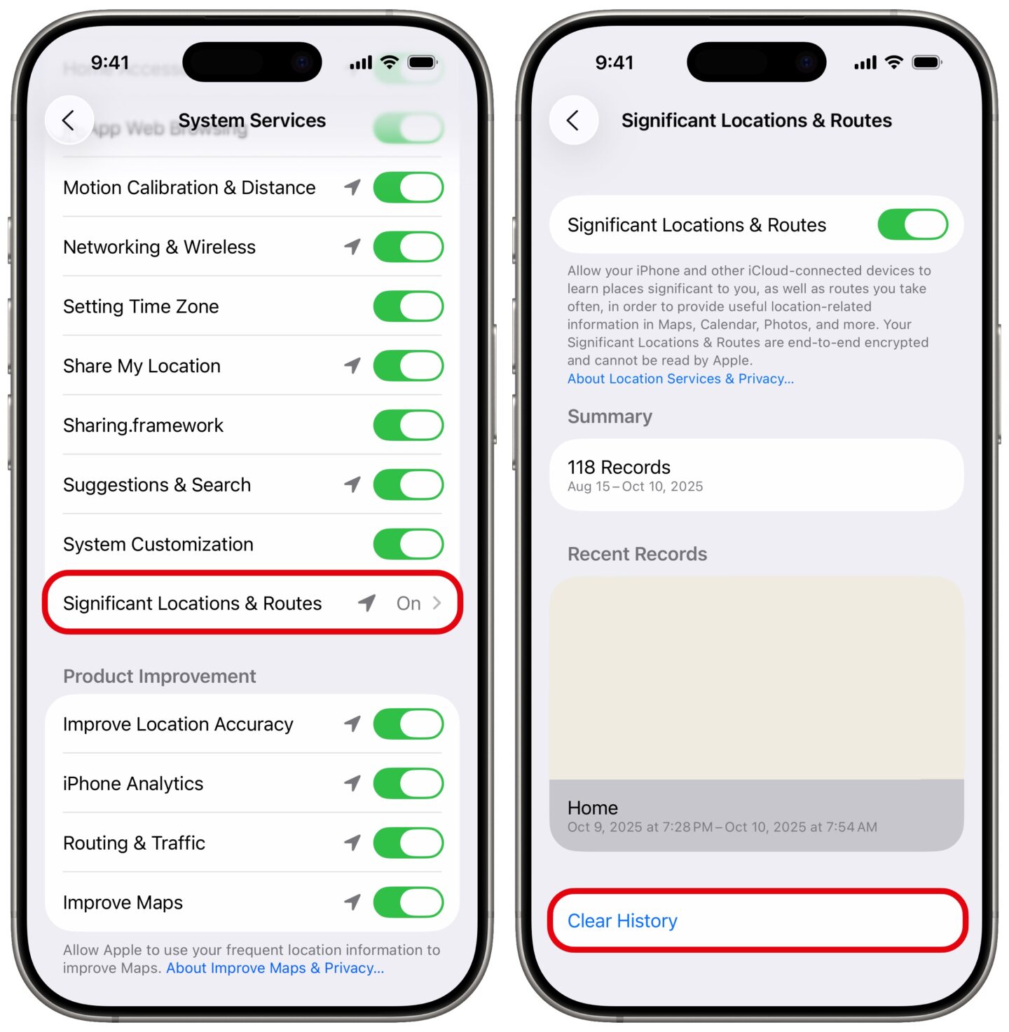 Clear significant locations in location settings on iPhone