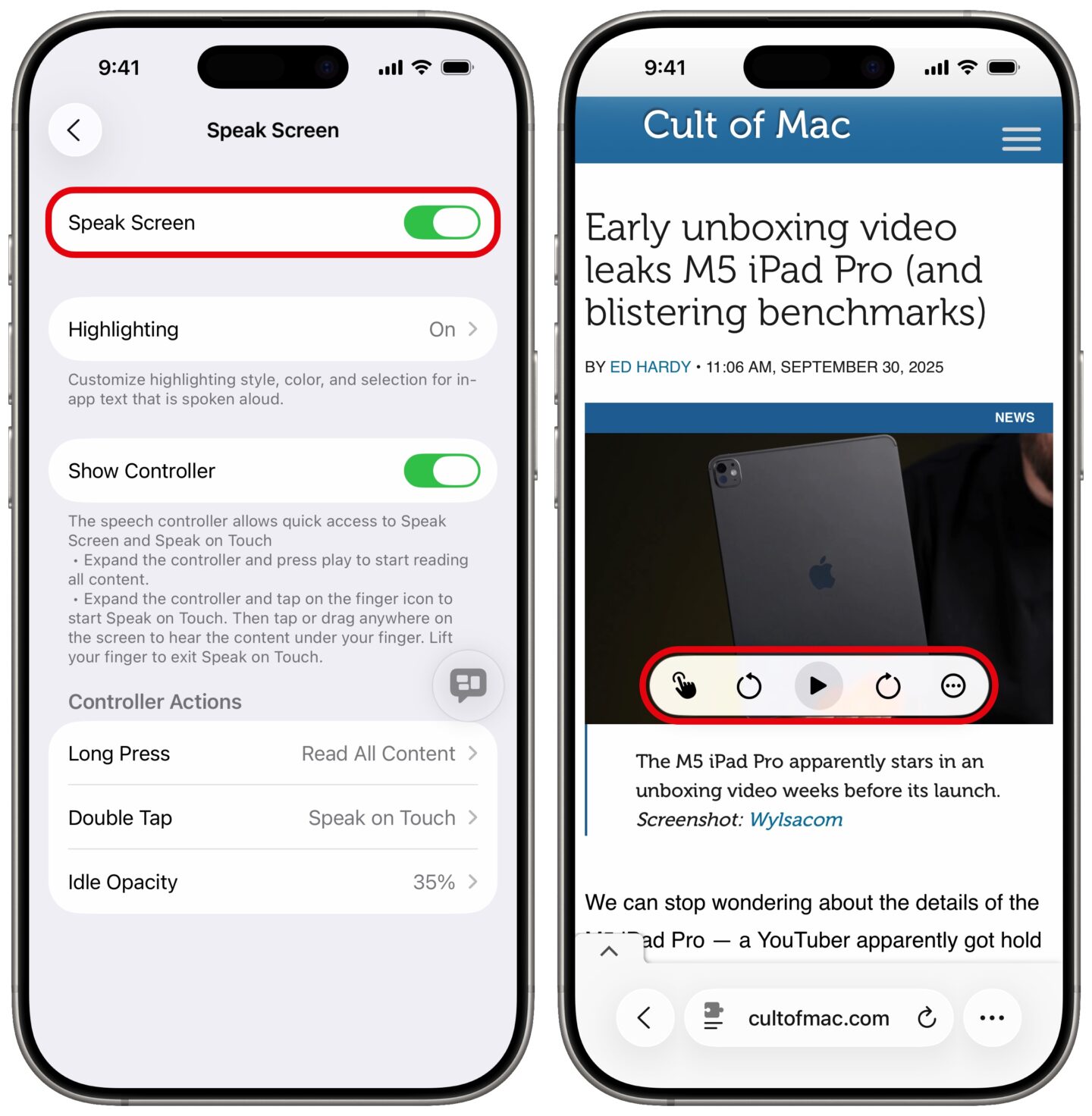 Screenshots show how to enable Speak Screen to get the iPhone to read text out loud