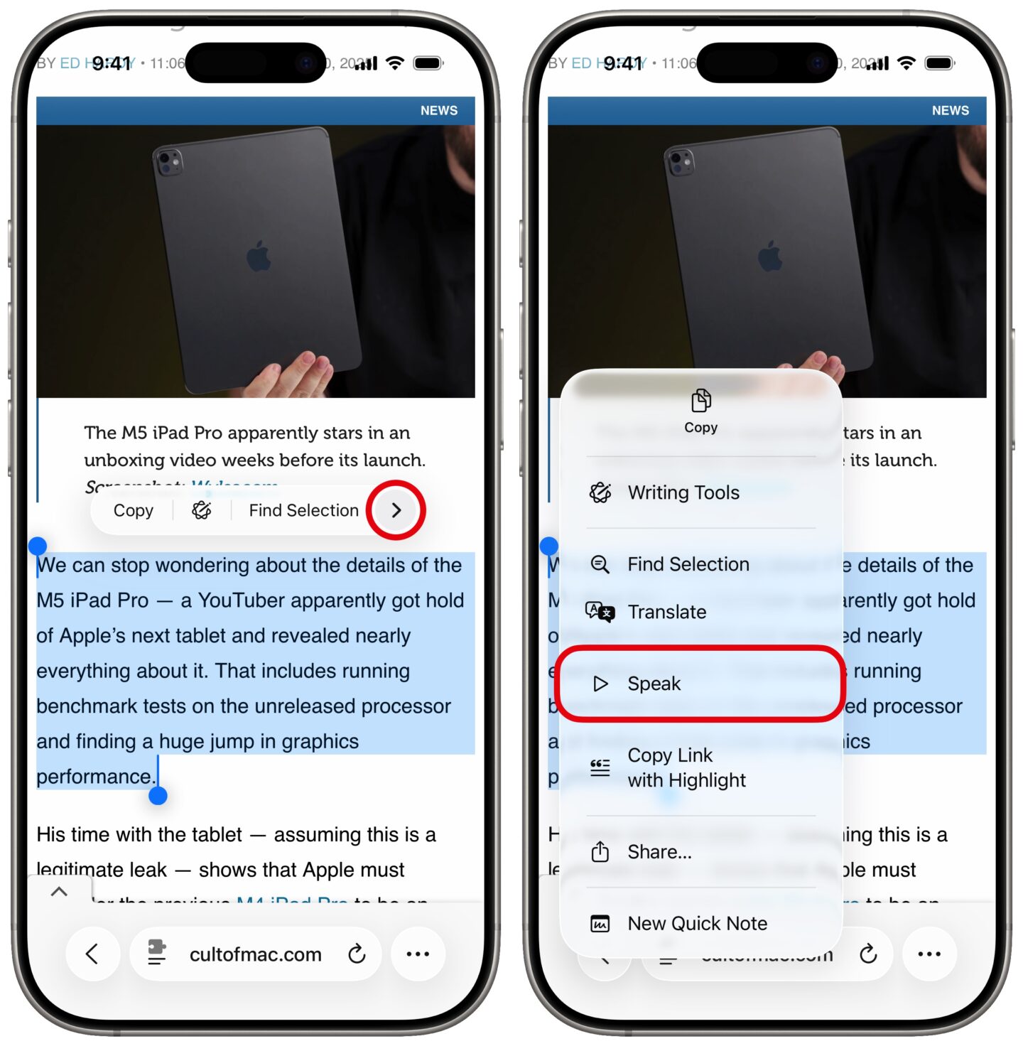Speak Selection from the pop-up menu