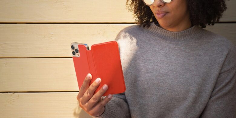 The new leather folio case colors are Electric Orange (shown) and English Lavender.