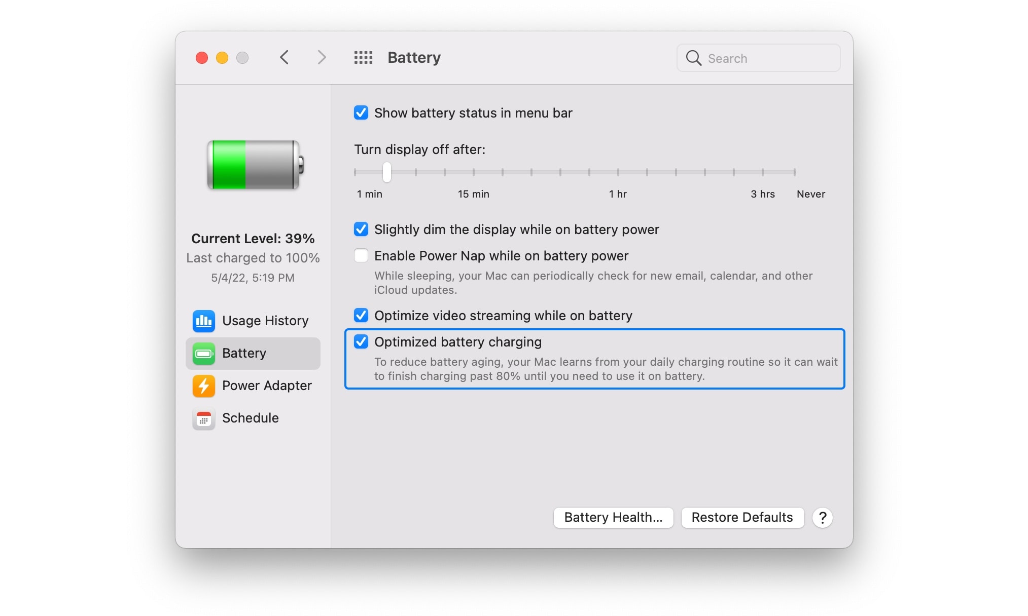 Enable optimized battery charging in System Preferences.